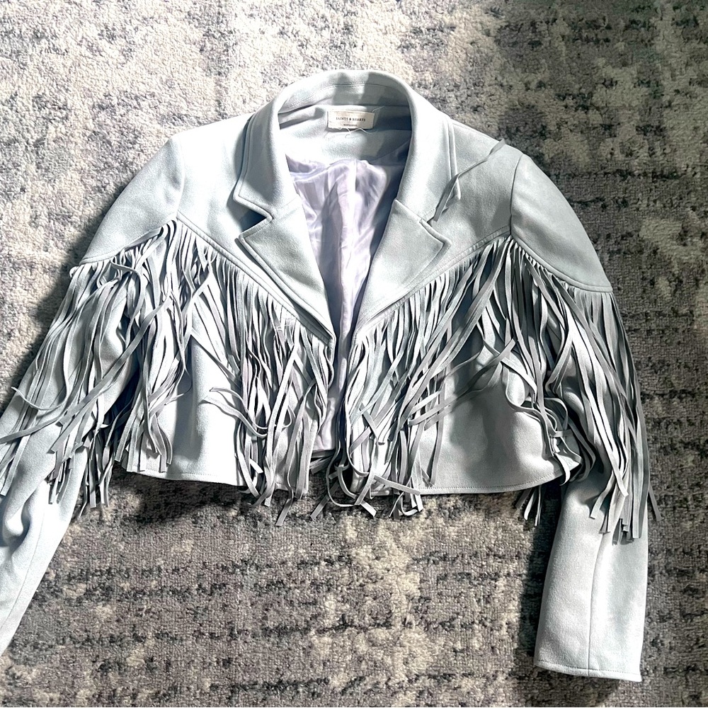 Saints and Hearts Fringe Jacket Faux suede grey short used